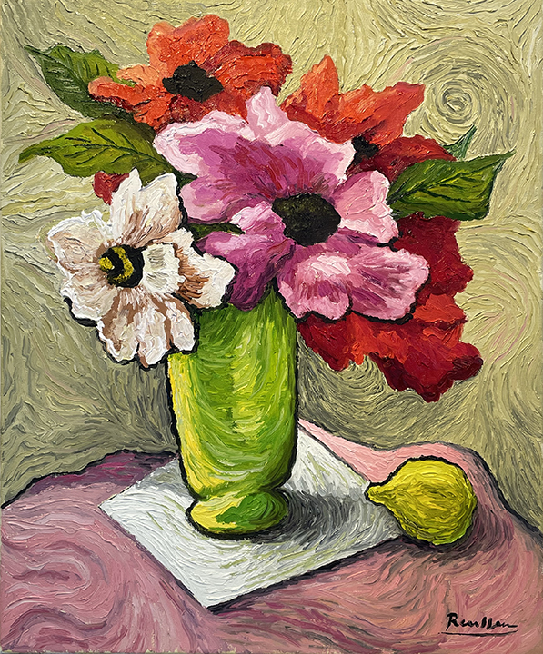 Still-life of Poppies in a Green Vase with Lemon 