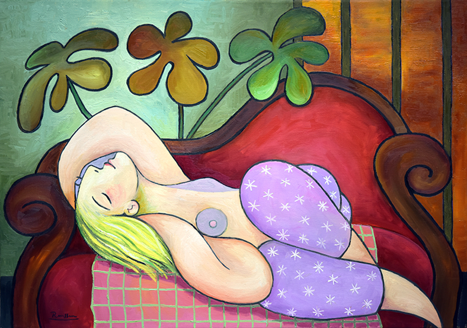Nude in pantaloons on red sofa